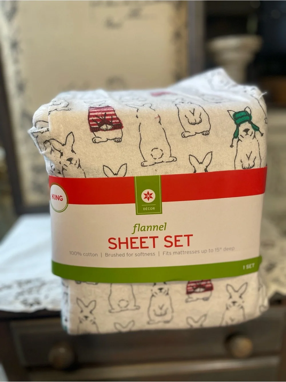Decor white cotton Flannel bunny rabbit King Sheet Set new